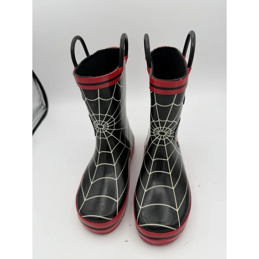Marvel Spider-Man Kids Rain Boots Size 10 M Black Red Pull Handles.       1789